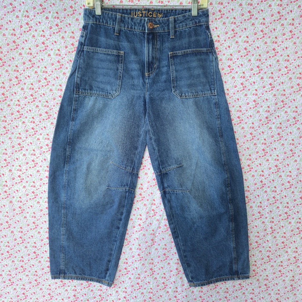 Justice Girls Barrel Jean Dark Wash Wide Leg Denim Pant Size 16 Y2K Boho Classic